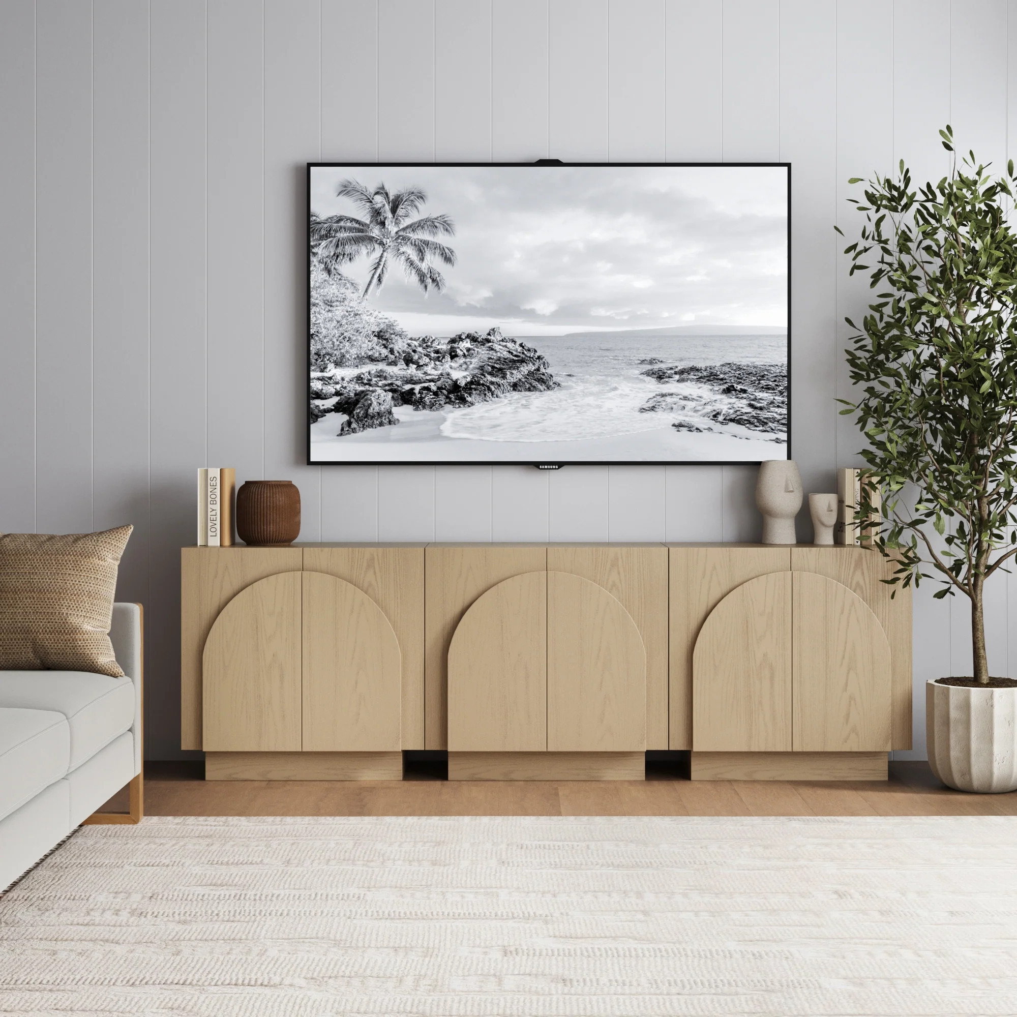 Wood Mid-Century Arched Storage Cabinet Credenza Gray Oak (Set of 3) | Nathan James