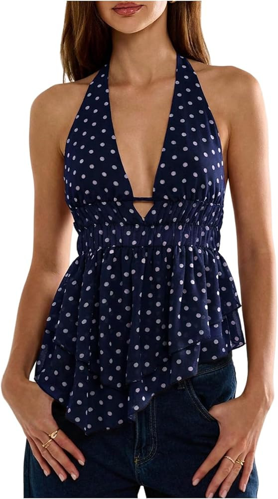 Milumia Women's Polka Dots Deep V Neck Halter Top Tie Open Back Ruffle Hem Flowy Tank Tops | Amazon (US)