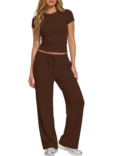 Darong Womens Summer Outfits 2 Piece Sets Casual Ribbed Knit Short Sleeve Top Wide Leg Pants Spring Matching Lounge Set 9244A Coffee XS | Amazon (US)