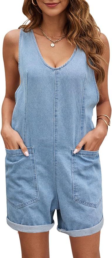GREAIDEA Womens High Roller Shortall Denim Romper Casual Sleeveless Loose Jeans Overalls Shorts J... | Amazon (US)