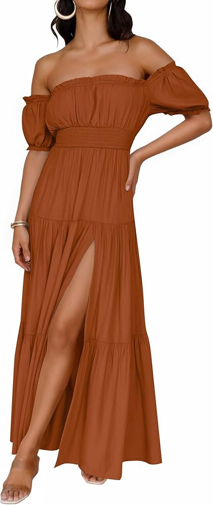ZESICA Women's Boho Off Shoulder Wedding Guest Dress 2026 Summer Side Split Flowy A Line Long Max... | Amazon (US)