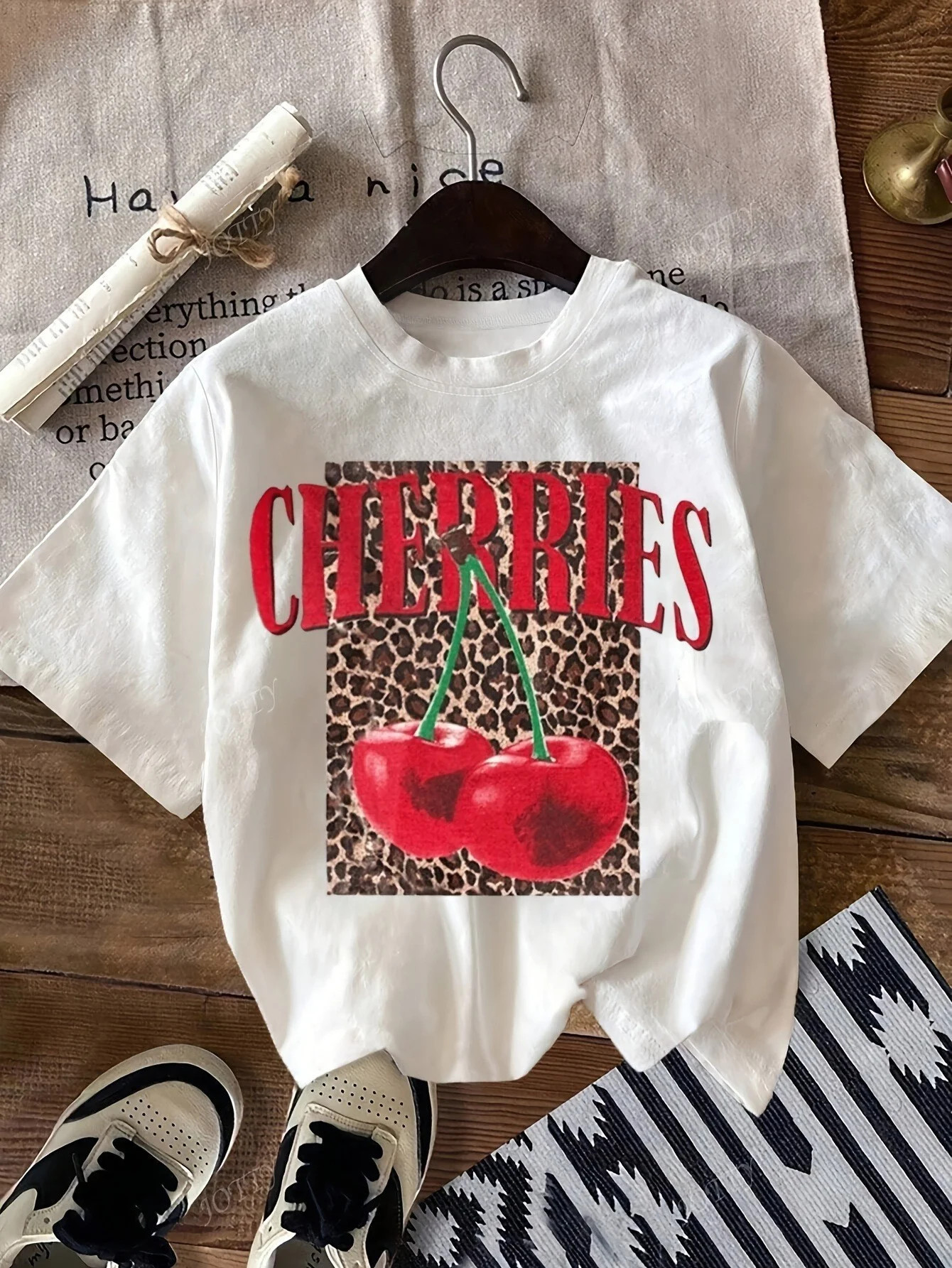 Women'S Casual "Cherries" Graphic T-Shirt - White, Short Sleeve, Round Neck, Cotton, All-Season, ... | Walmart (US)