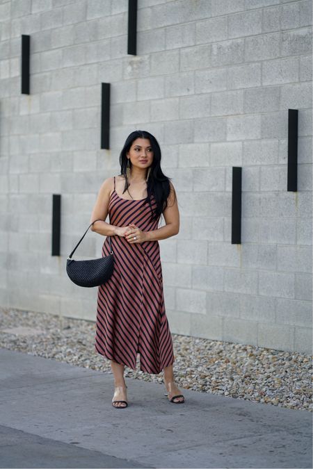 Elegant brown striped asymmetrical midi dress styled perfectly  

#LTKItBag #LTKSaleAlert #LTKStyleTip