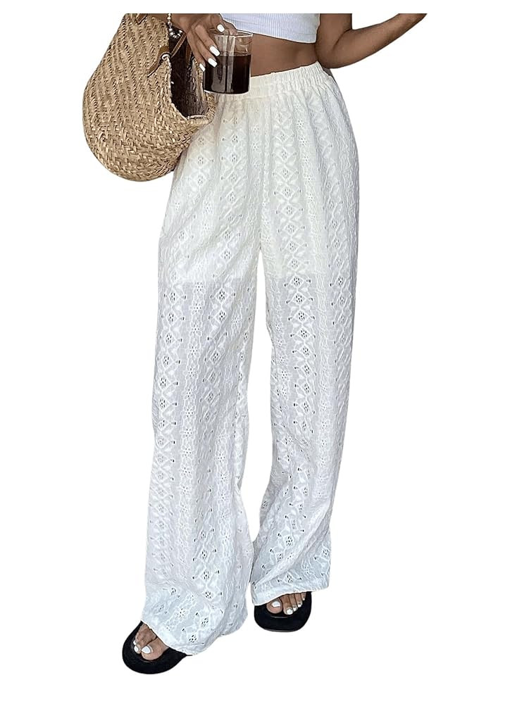 GORGLITTER Women's Eyelet Embroidered Wide Leg Linen Lace Pants Floral Embroidered Elastic Waist ... | Amazon (US)