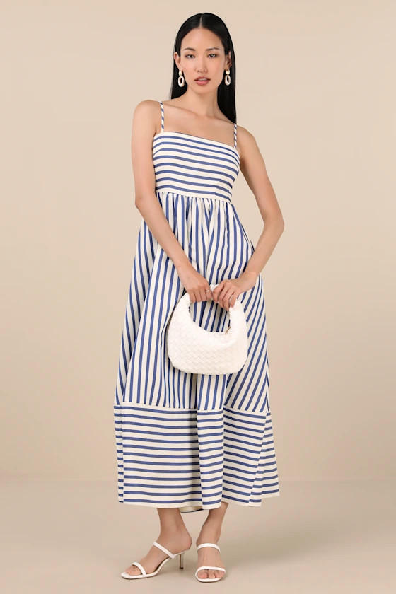 Exceptionally Pristine Blue and Cream Striped Cutout Midi Dress | Lulus