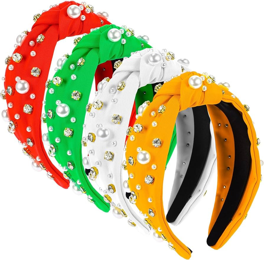 Riceshoot 4 Pcs Christmas Knotted Headbands with Pearl Rhinestone Crystal Jeweled Beaded Wide Top... | Amazon (US)
