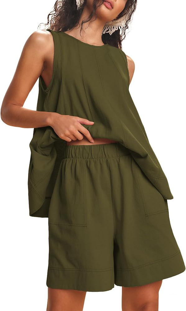 Womens 2 Piece Lounge Set Casual Summer Outfits Sleeveless Tank Top and Elastic Waist Shorts with... | Amazon (US)
