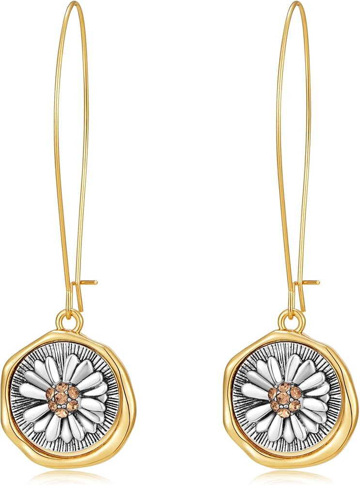 LILIE&WHITE Gold And Silver Earrings for Women Chic Vintage Flower Dangle Earrings Trendy Hammere... | Amazon (US)