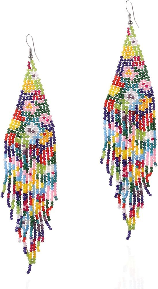 Long Beaded Tassel Earrings - Bohemian tassel beaded earrings Original Mexican tribe beaded earri... | Amazon (US)