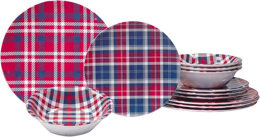 Certified International Patriotic Plaid 12 Piece Melamine Dinnerware Set, Service For 4 | Amazon (US)