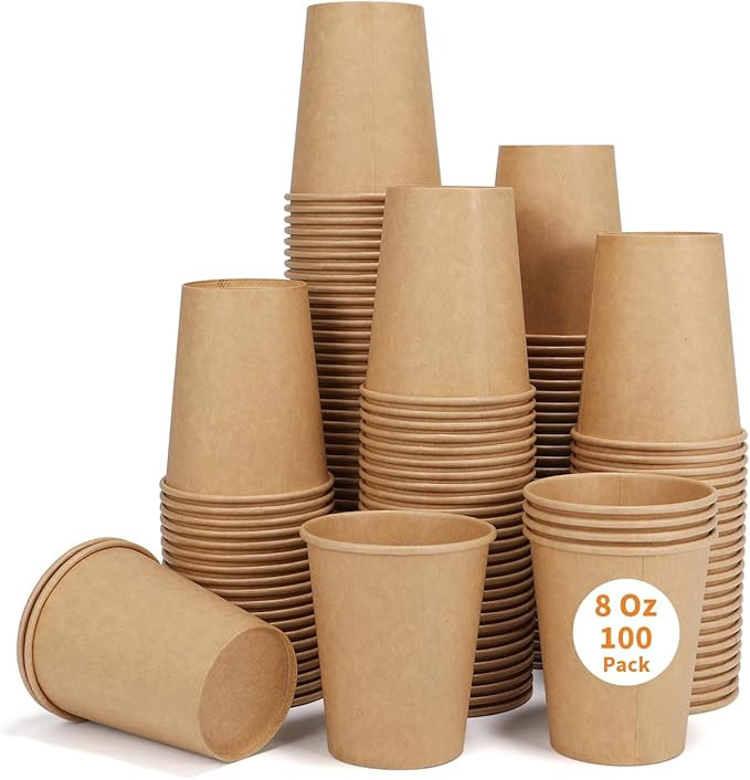 Disposable Cups, 100 Pack 8 Oz Kraft Paper Cups, Paper Coffee Cups, Disposable Cups 8 oz for Hot ... | Amazon (US)