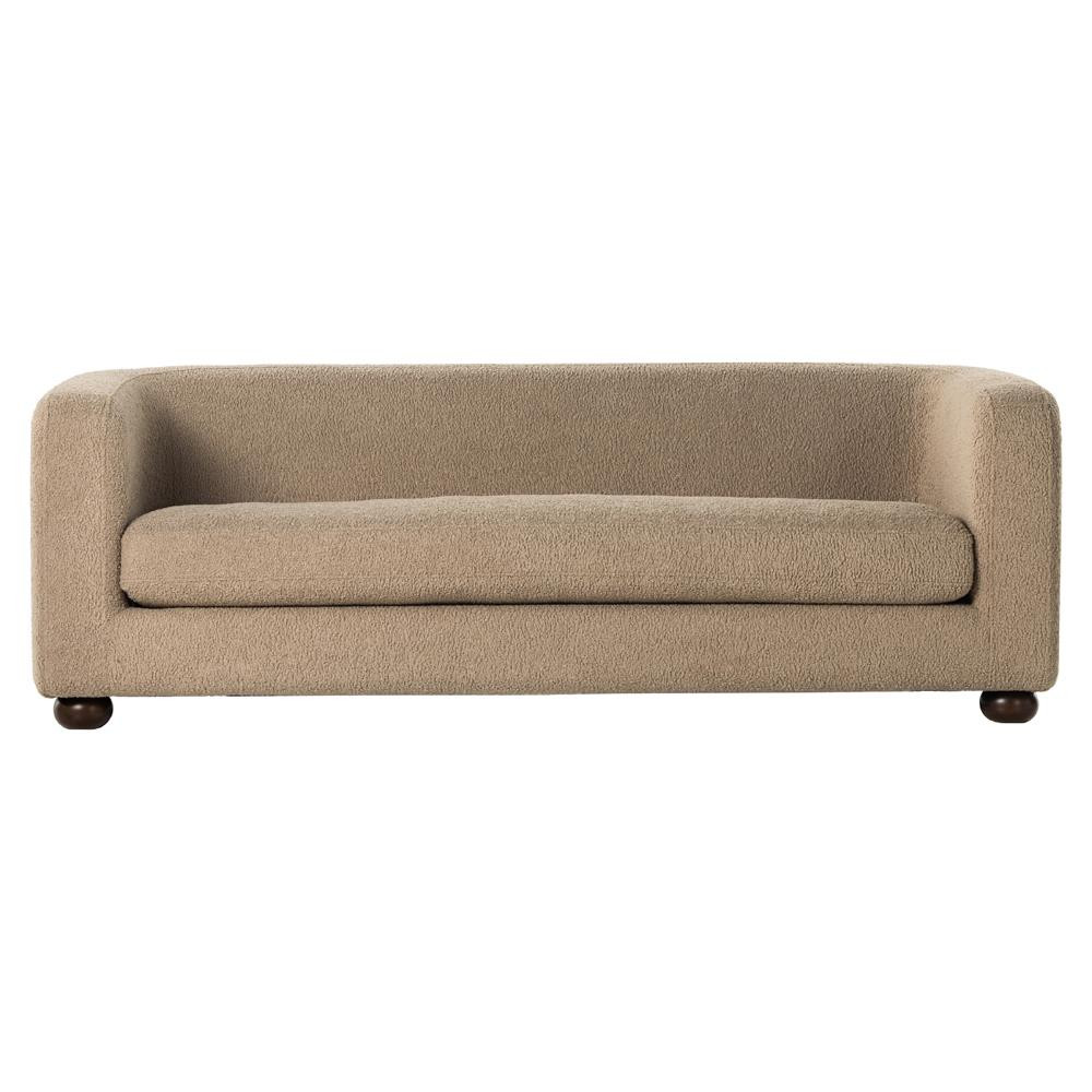 Jessie Mid Century Beige Upholstered Boucle Brown Wood Frame Sofa - 84"W | Kathy Kuo Home