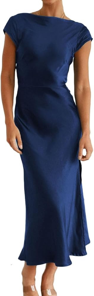 Women's Summer Satin Elegance Backless Twist Cap Sleeves Midi Dress 2023 Sexy Cowl Neck Slit Cock... | Amazon (US)