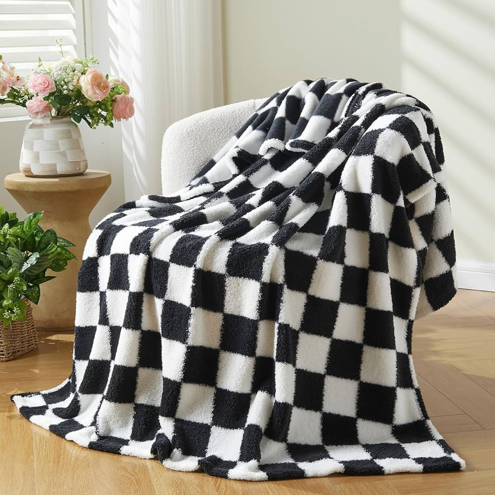 NEWCOSPLAY Knitted Black White Checkered Blanket Super Soft Plush Throw for Couch Fuzzy Fluffy Mi... | Amazon (US)
