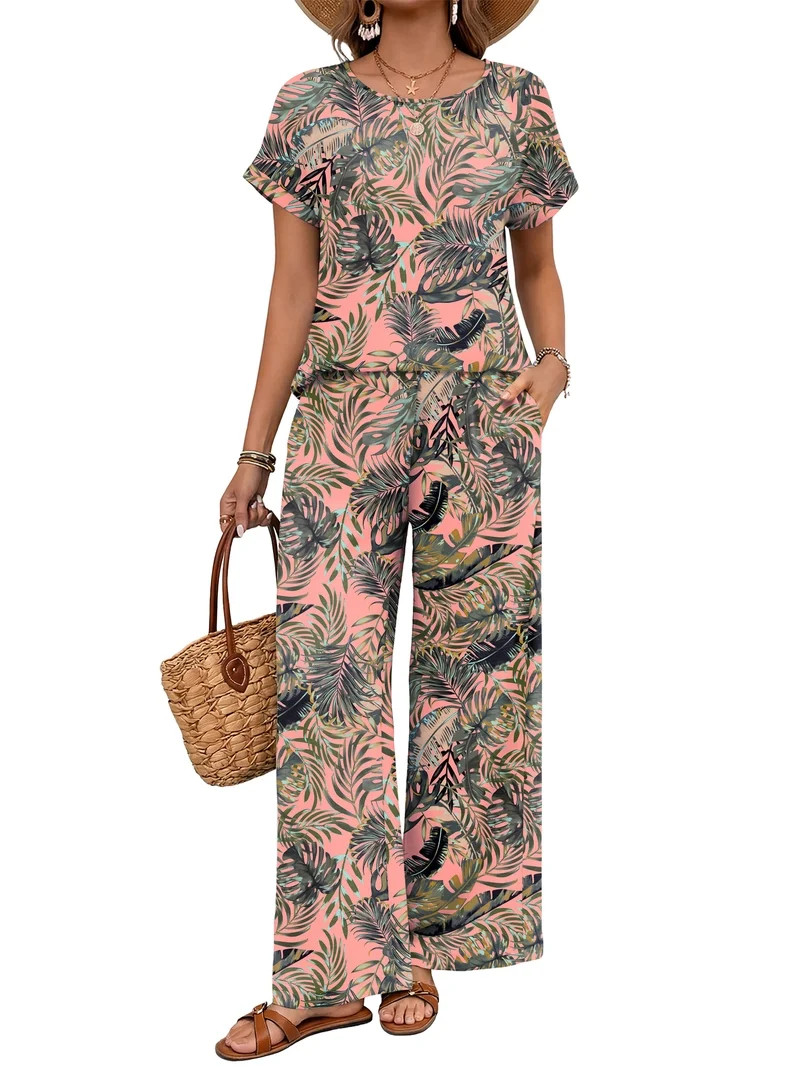 WIHOLL Two Piece Sets for Women Vacation Spring Outfits Summer Casual Trendy Cozy Rolled Short Sl... | Walmart (US)