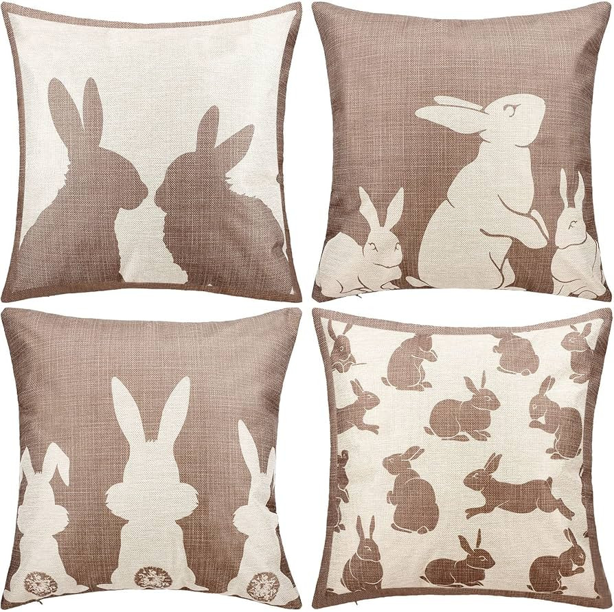 4 Pieces Happy Easter Throw Pillow Covers Rabbit Bunnies Cushion Pillowcase Beige and White Rabbi... | Amazon (US)