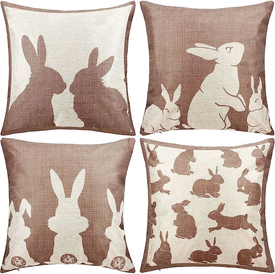 4 Pieces Happy Easter Throw Pillow Covers Rabbit Bunnies Cushion Pillowcase Beige and White Rabbi... | Amazon (US)