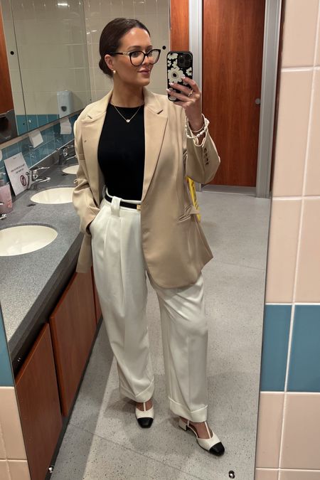 Corporate law girlie: outfit of the day 

Black bodysuit - Elr style (linked on my IG- april highlights)
Wide leg trousers - Marks and Spencer (Size 12)
Blazer- Reona (oversized fit) Size XS - linked on IG
Shoes - River Island 
Belt - Amazon Fashion 

#LTKmidsize #LTKworkwear #LTKeurope