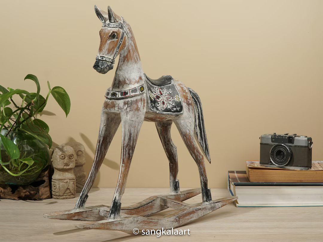 Wooden Rocking Horse Antique White Color Wood Sculpture - Etsy | Etsy (US)