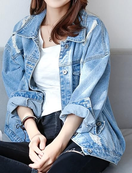 Women Girls Loose Fit Long Sleeve Vintage Denim Light Wash Faded Ripped Boyfriend Jean Jacket | Amazon (UK)