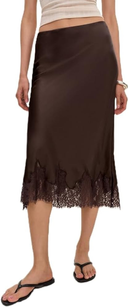 Women Silk Satin Half Slip Long Skirts Lace Patchwork Elastic Waist Long Skirt Elegant Silky Flow... | Amazon (US)