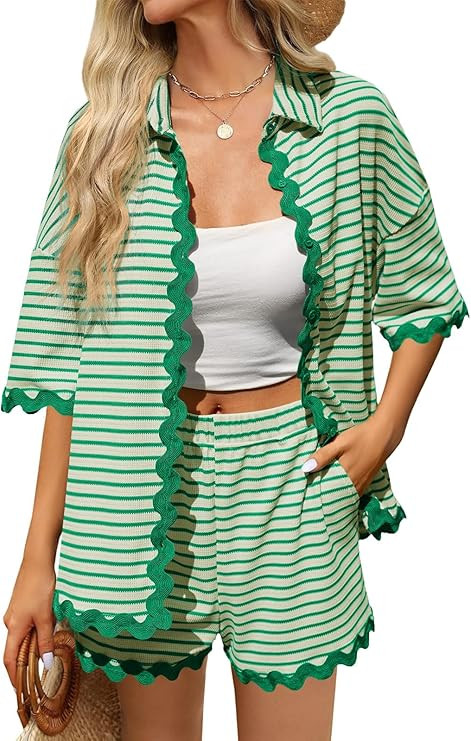 Tankaneo Womens 2 Piece Lounge Set Striped Outfits Short Sleeve Button Down Shirts and Shorts Sum... | Amazon (US)
