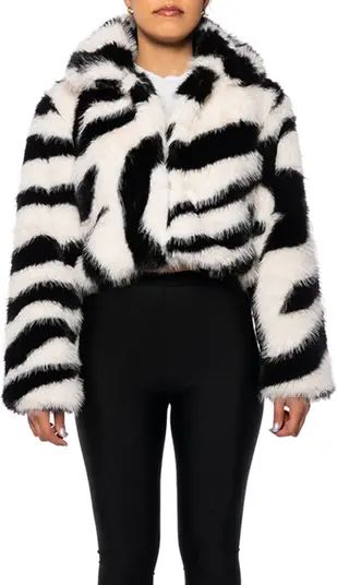 AZALEA WANG Zebra Print Faux Fur Crop Jacket with Removable Collar | Nordstrom | Nordstrom