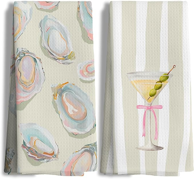 Coastal Oyster Shell and Pink Bow Martini Kitchen Bathroom Towels Set of 2, Watercolor Seafood Co... | Amazon (US)