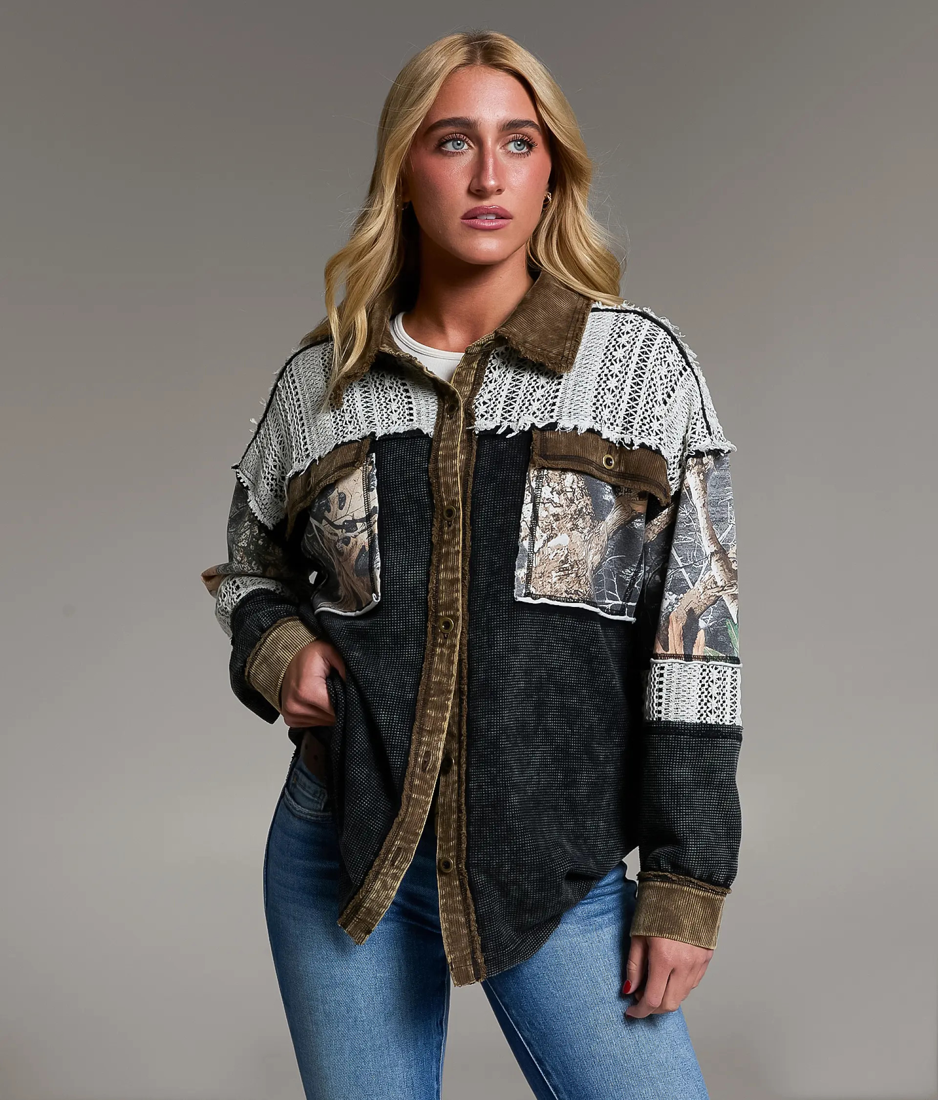 Raw Edge Washed Thermal Oversized Shacket | Buckle
