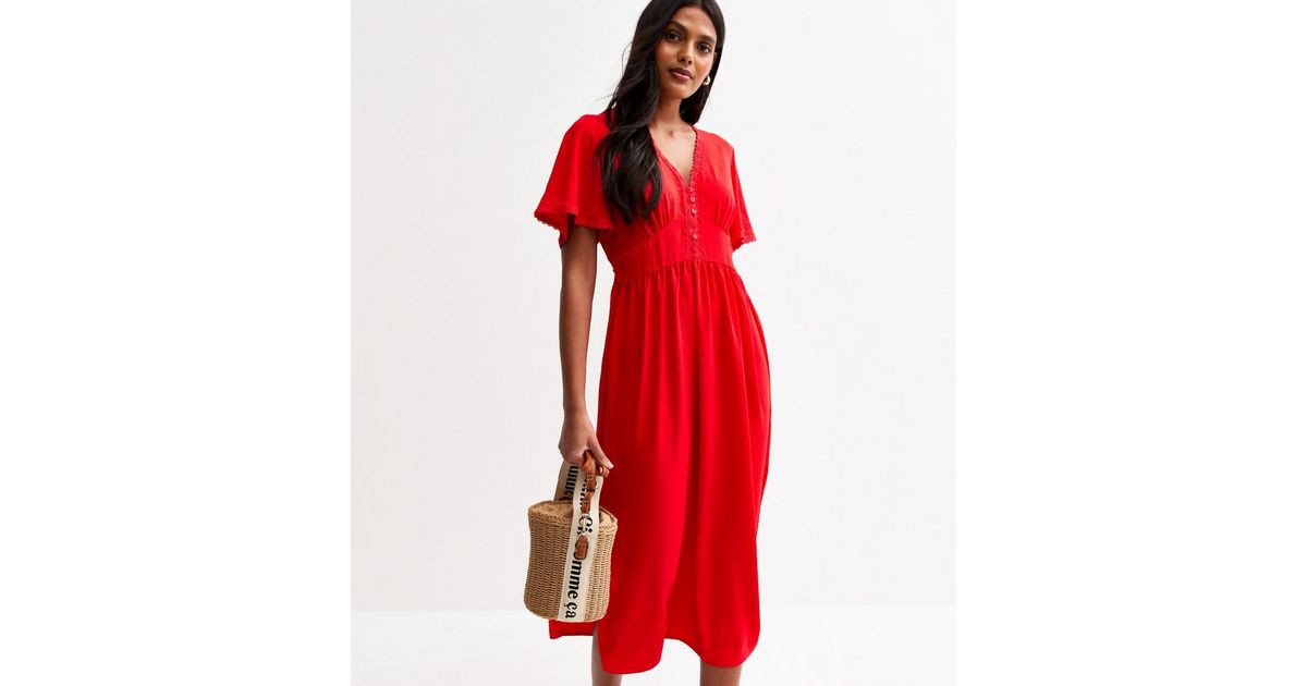 Bright Red Lace Trim Button Through Midi Dress | New Look | New Look (UK)