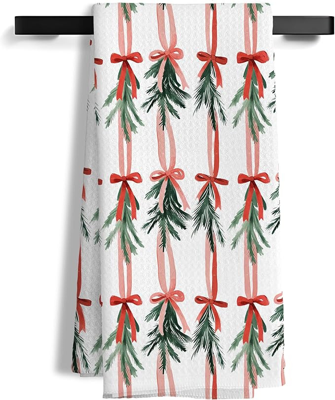 Coquette Christmas Garland Kitchen Towels, Red and Pink Ribbon Bow Xmas Mistletoe Decorative Hand... | Amazon (US)