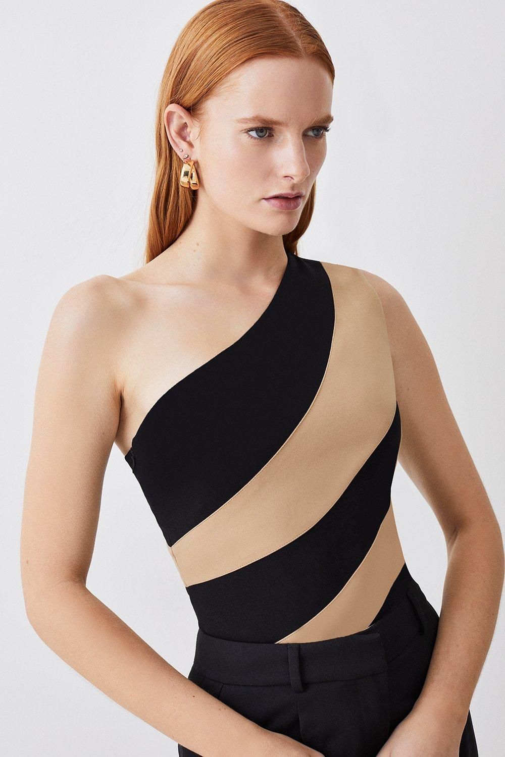 One Shoulder Sleeveless Color Block Ponte Top | Karen Millen US