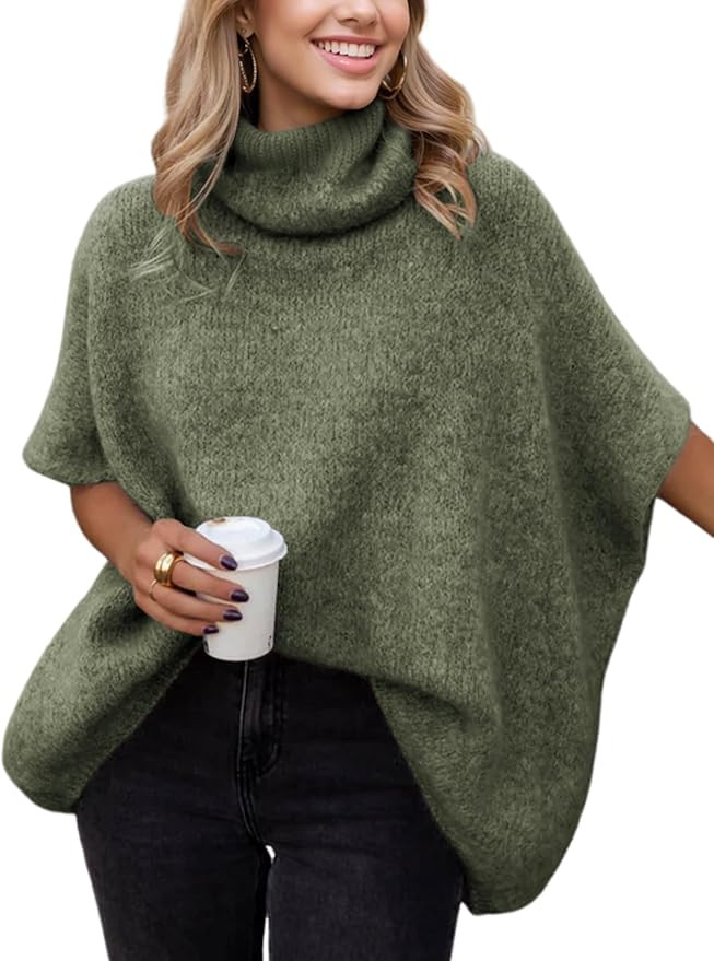 Womens Turtleneck Batwing Sleeve Sweater Knitted Oversized Chunky Short Dolman Tops | Amazon (US)
