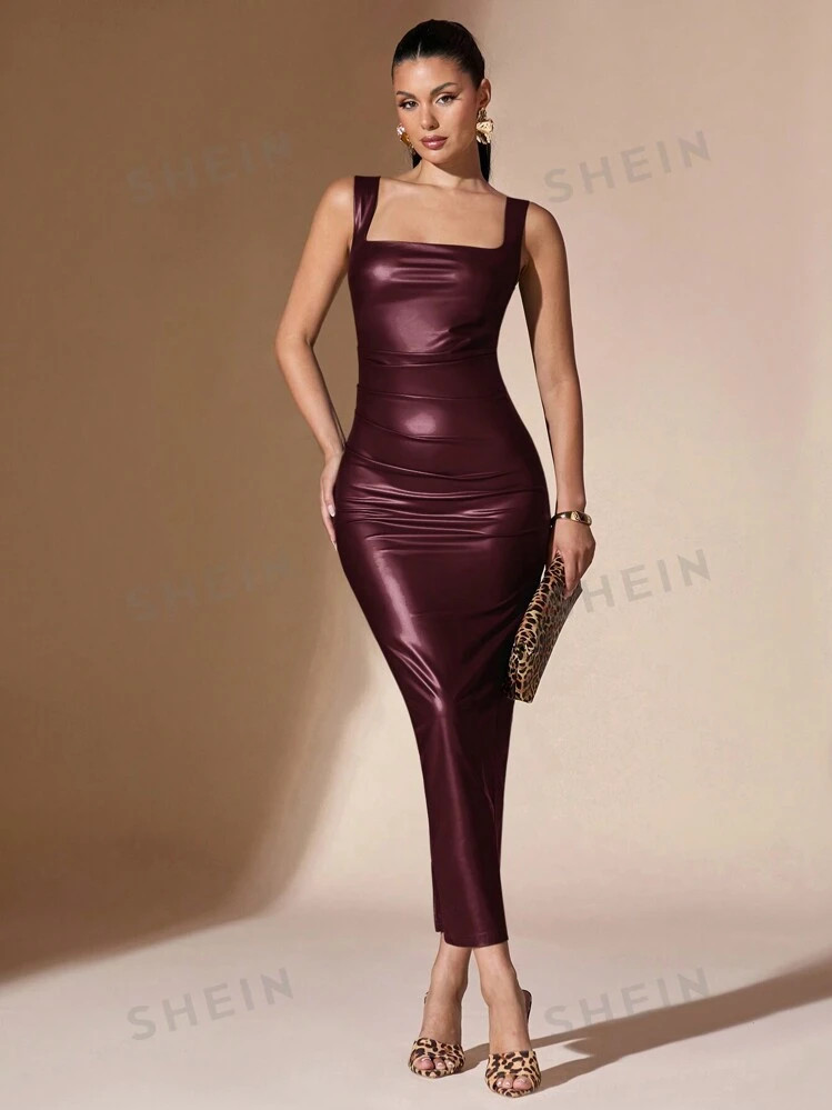 SHEIN BAE Solid Color Minimalist Sexy Khaki PU Square Neck Sling Simple Elegant Pleated Midi Slip... | SHEIN