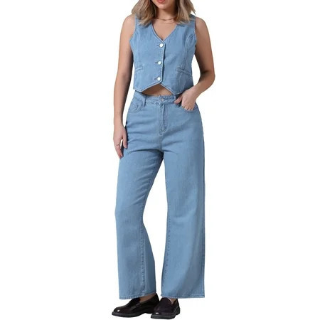 DARING DIVA Women s Denim Set 2 Pieces Outfits Matching Wide Leg Jeans M Light Blue | Walmart (US)
