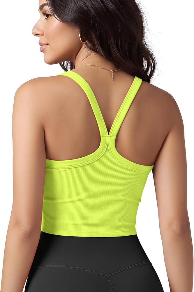 ODODOS Women's Seamless Crop Cami Wide Scoop Neck Ribbed Soft Open Racerback Cropped Tank | Amazon (US)
