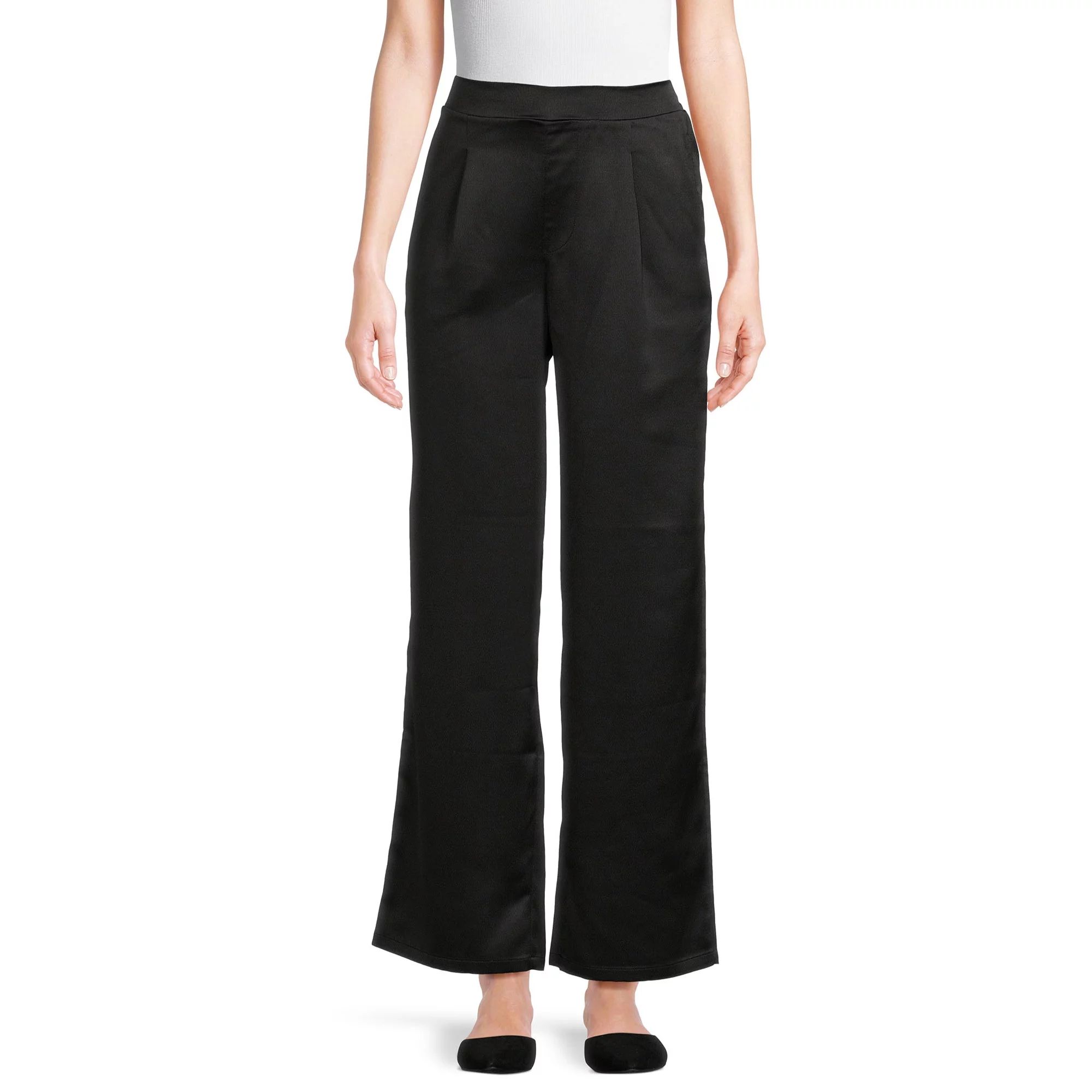 Time and Tru Women's Mid Rise Wide Leg Satin Trousers with Pockets, 30" inseam, Sizes XS-XXL | Walmart (US)