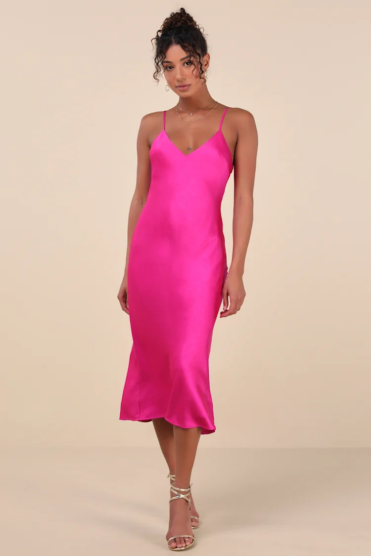 Katrien Fuchsia Textured Satin Backless Midi Slip Dress | Lulus