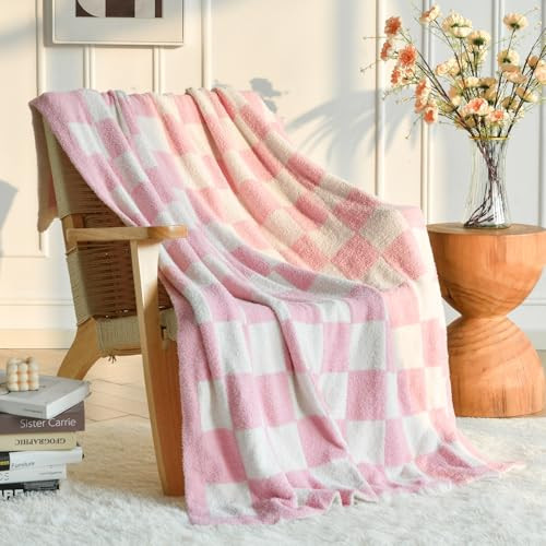 Checkered Throw Blanket for Couch, Pink Checkerboard Blankets with Soft Fluffy Microfiber for Bed Sofa, Cozy Knit Lightweight Decorative Travel Bed Blanket for Camping Picnic, 27"x39" | Amazon (US)