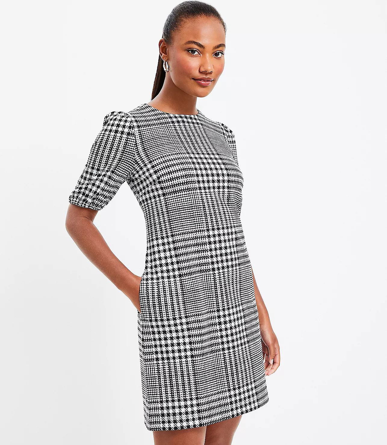 Houndstooth Puff Sleeve Pocket Dress | LOFT