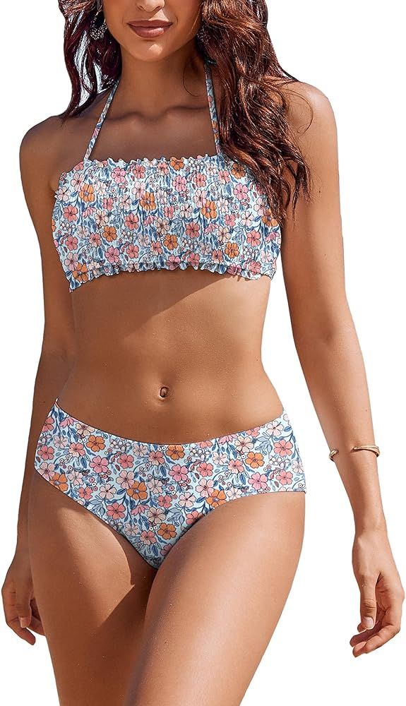AI'MAGE Women's Two Piece Bandeau Bikini Set Mid Waisted Cute Floral Ruched Bathing Suits with Re... | Amazon (US)