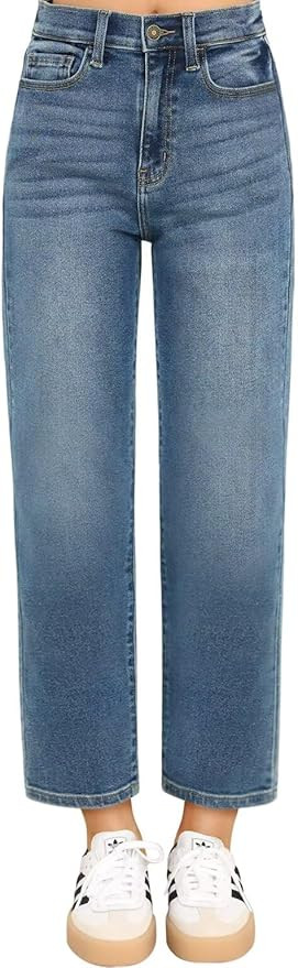 KDF Women's Cropped Straight Leg Jeans - High Waisted Jeans for Women 7/8 Length Denim Pants with... | Amazon (US)