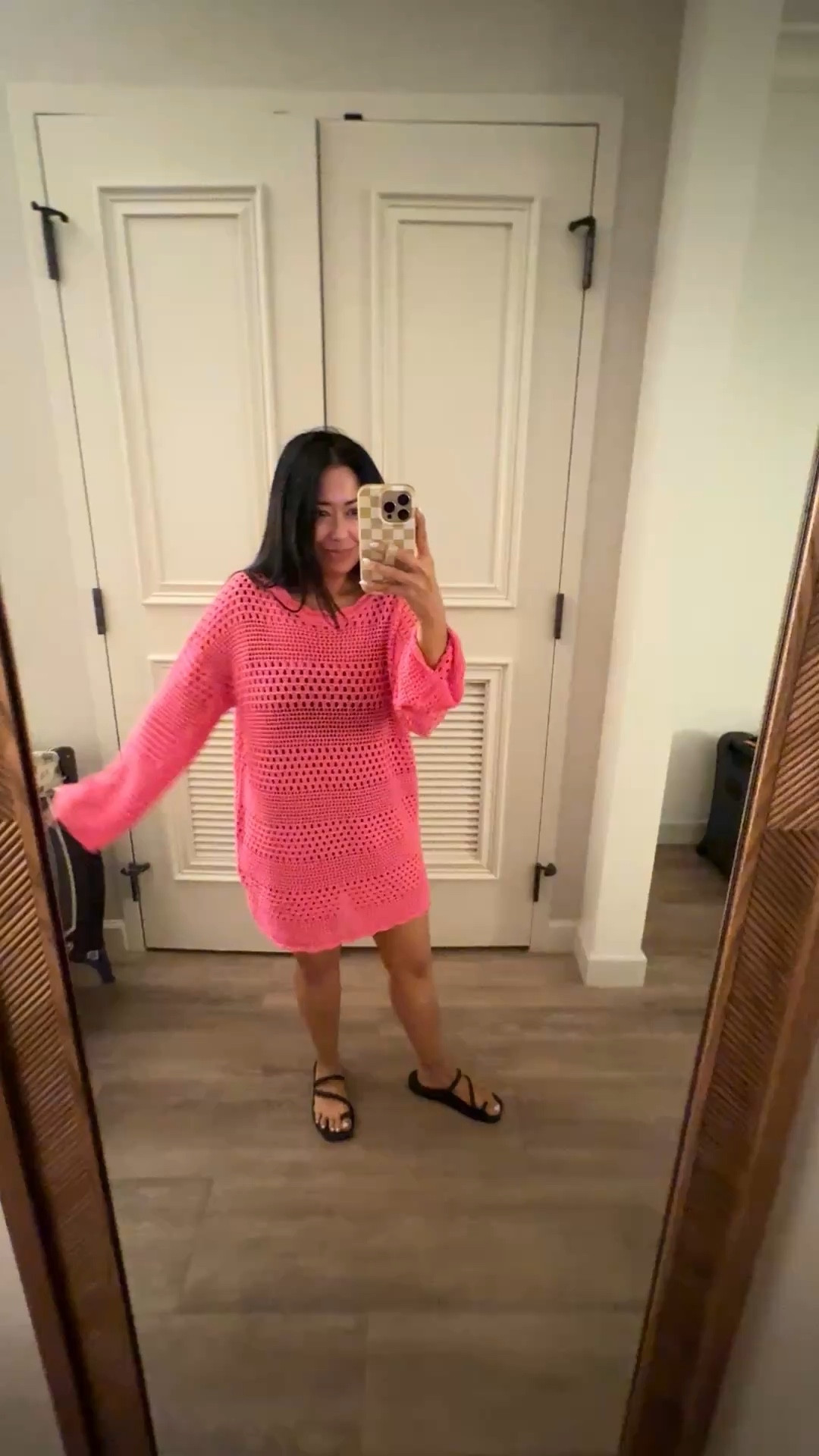 Pink crochet swim coverup. Super comfy. Nice soft fabric. Washes well! In size small and it is oversized. TTS 
One piece black swimsuit from show me your mumu. 
This swimsuit is a must for any vacation or beach trip. 
Size medium (I always size up to medium in most swimsuits). 
Similar to Hunza g and soooo comfortable and flattering. Scrunch fabric. 
The perfect mom swimsuit that looks sexy but also very appropriate around kids and family. 
I’ve had this swimsuit for years and has held up so well. 
Will link the matching swim skirt coverup as well. 
Wearing crocs sandals. TTS  

#LTKPetite #LTKmomlife #LTKSwim