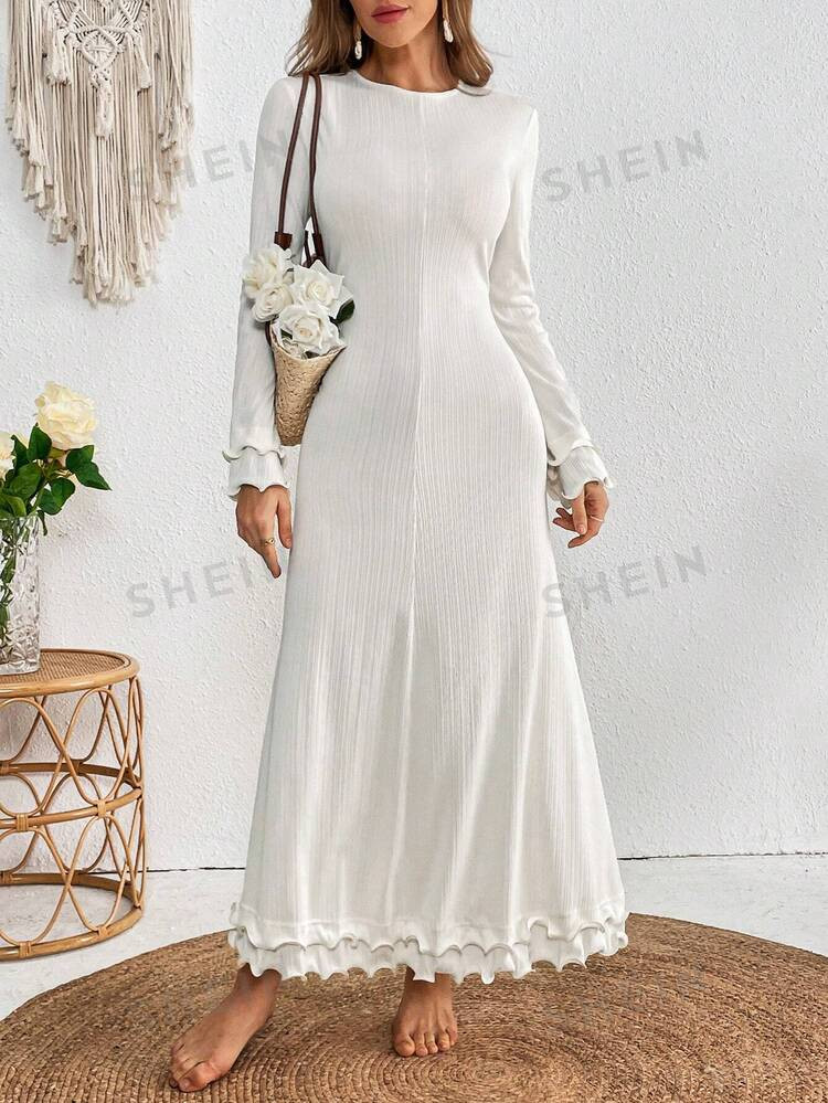 SHEIN VCAY Casual Solid Color Knitted Bell Sleeve Backless Dress For Women | SHEIN