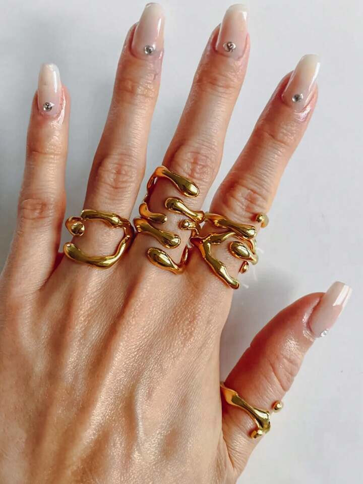 1pc Stylish Stainless Steel Ring With Liquid Elements, 18k Gold-Plated, Not Easy To Fade, Unisex ... | SHEIN