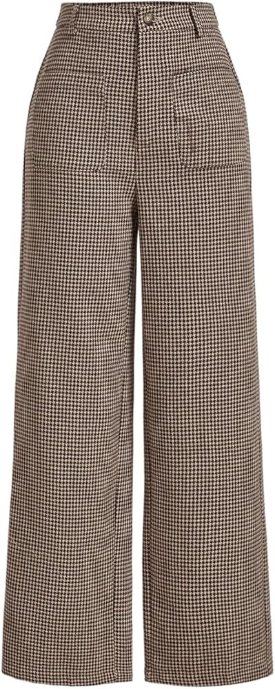 MakeMeChic Women's Plaid Dressy Pants Casual Wide Leg Pants Tweed High Waisted Trousers | Amazon (US)