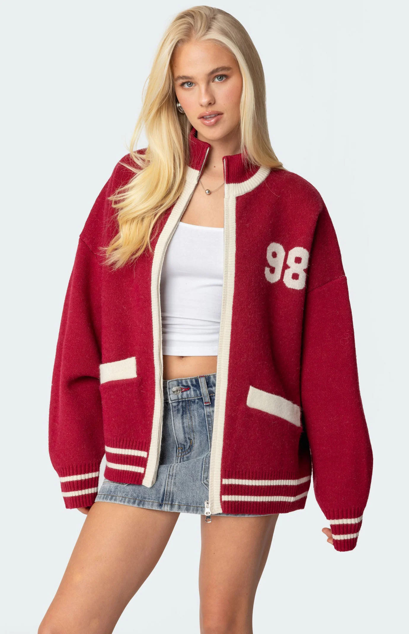 Edikted Women's 98 Varsity Zip Up Sweater in Burgundy - Size XL | PacSun