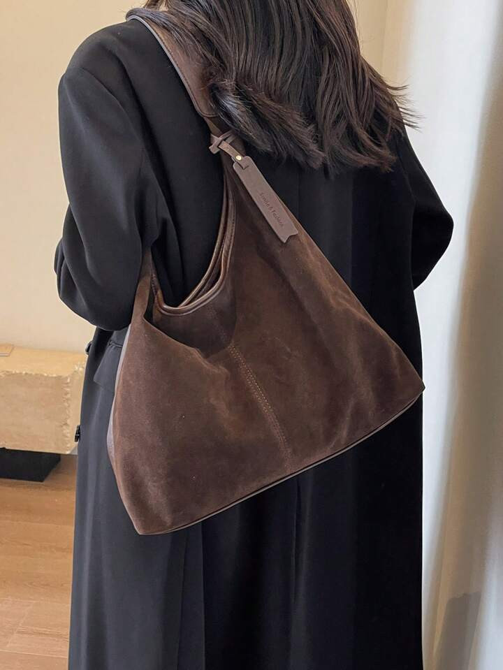 Vintage Suede Large Capacity Casual Shoulder Tote Bag, Letter Embossed Leather Patch & Patchwork ... | SHEIN