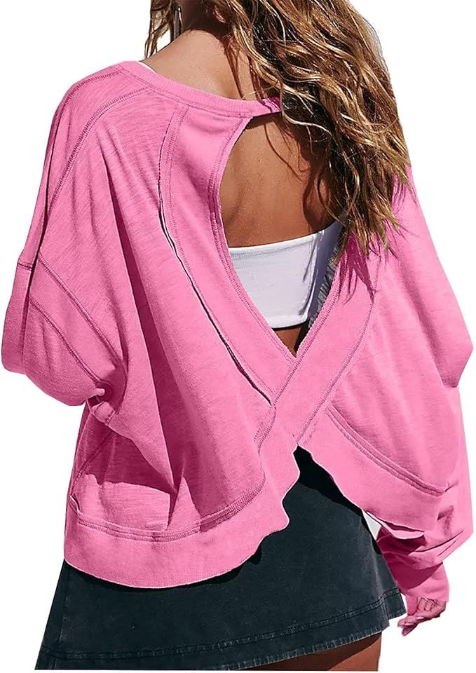 Lenago Open Back Tops for Women, Long Sleeve Workout Shirts Backless Gym Yoga Athletic T-shirt Tr... | Amazon (US)