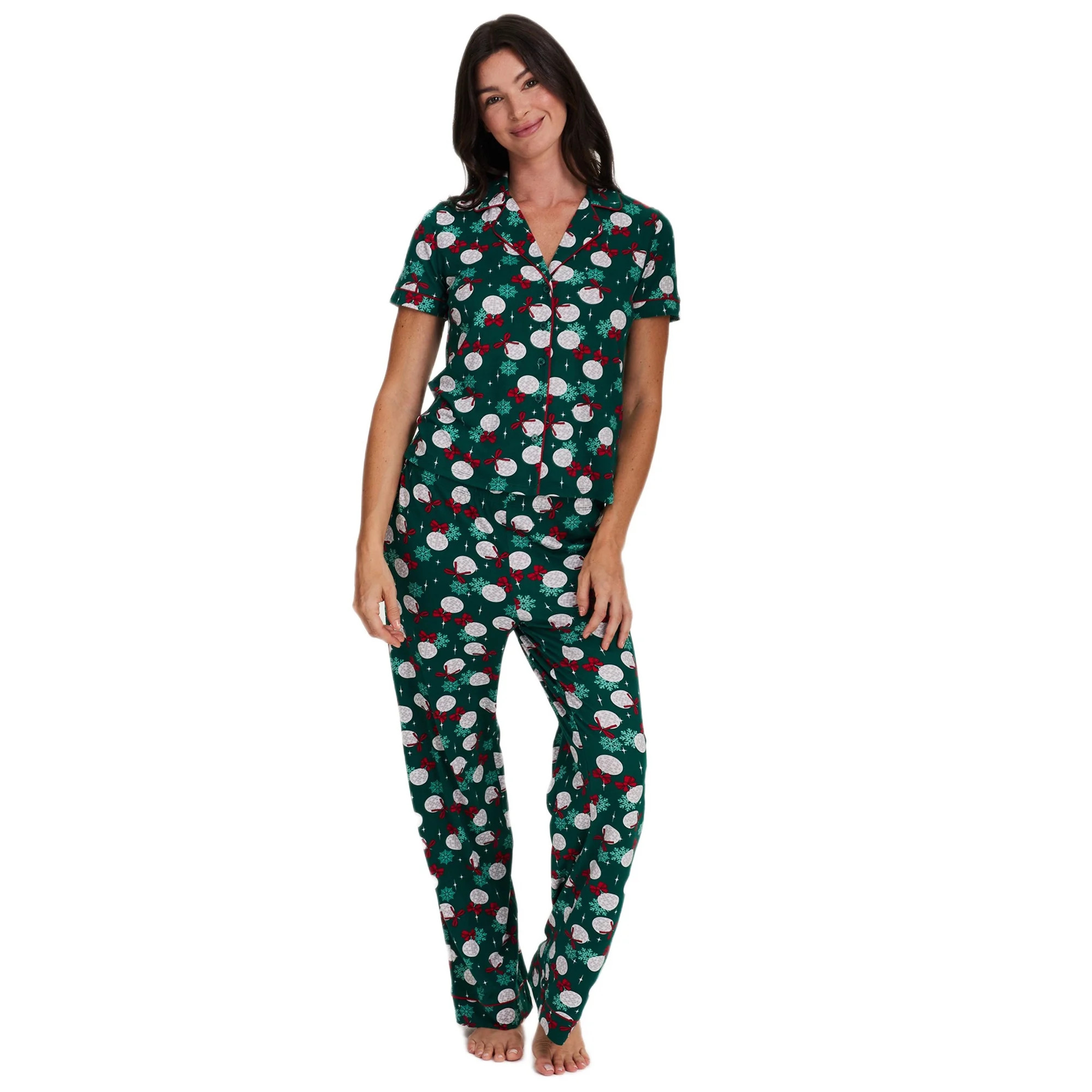 Sleep & Co. Women's & Women's Plus Short Sleeve Fesitve Notch Collar Button Down with Pant Pajama... | Walmart (US)